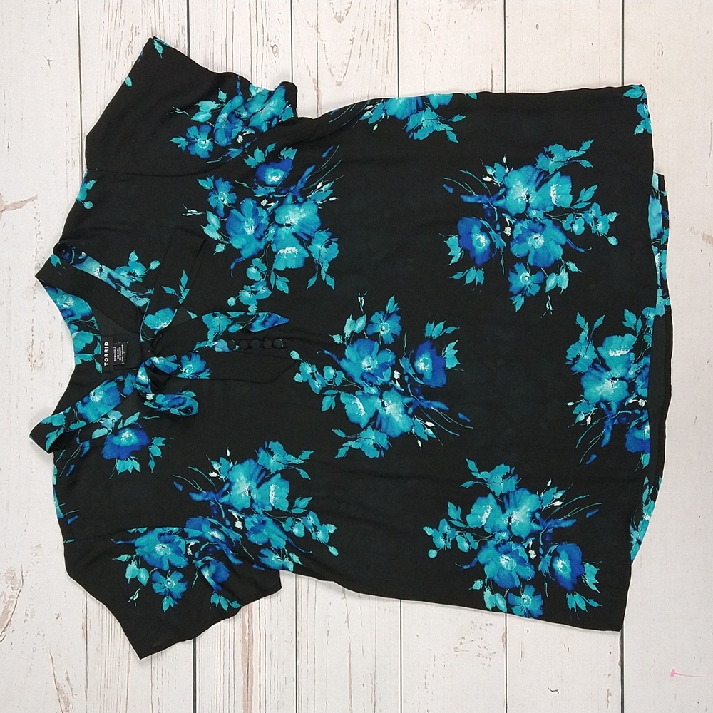 torrid Black Top with Teal & Blue Floral Tie-Neck Blouse
